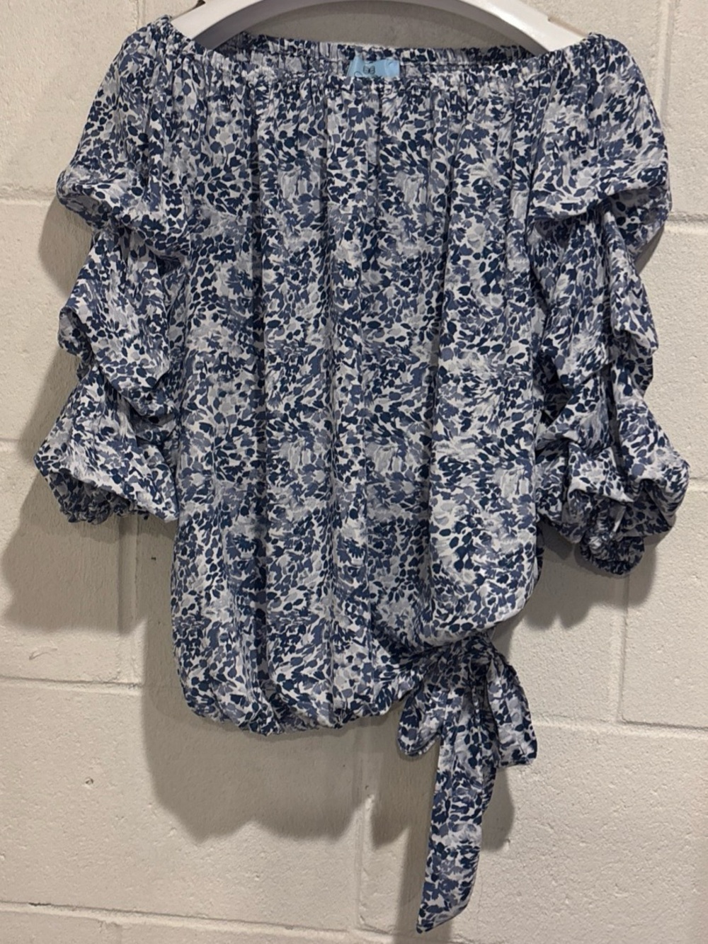 CeCe off shoulder blouse blue white floral puff sleeve tie side